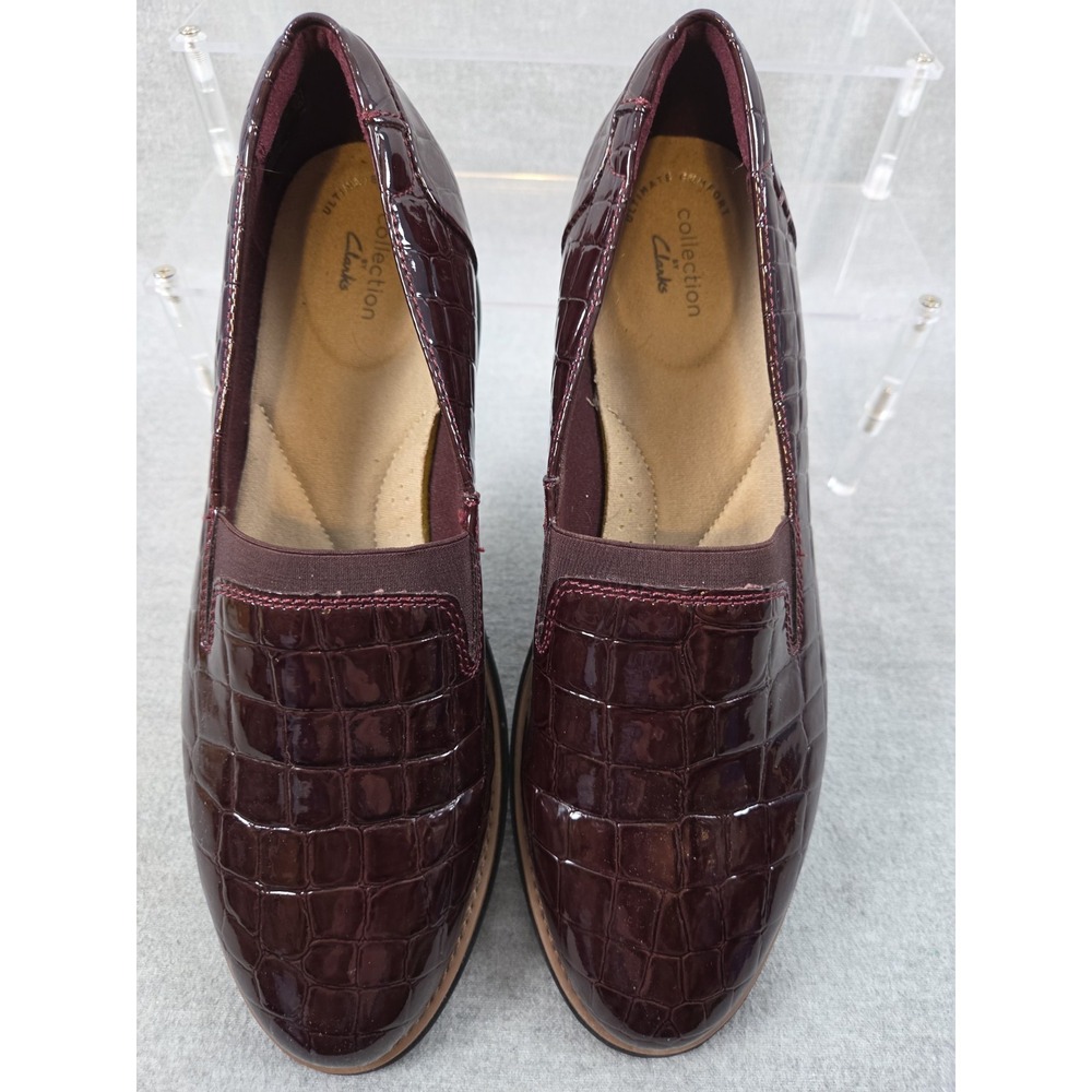 Clarks 9.5‎ Sharon Dolly Chunky Loafer Burgundy Synthetic Croc Patent Comfort